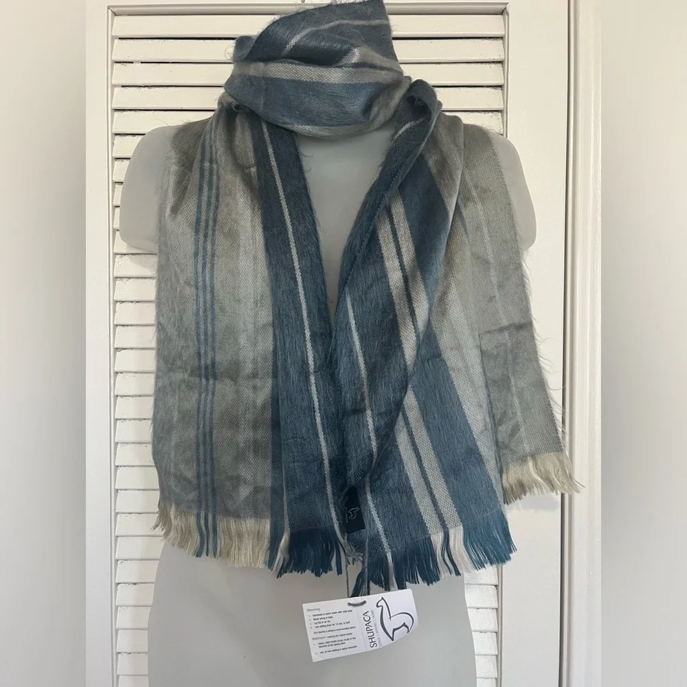 NEW Shupaca Argillite Alpaca Scarf Blue Gray Striped – 11”x78”
